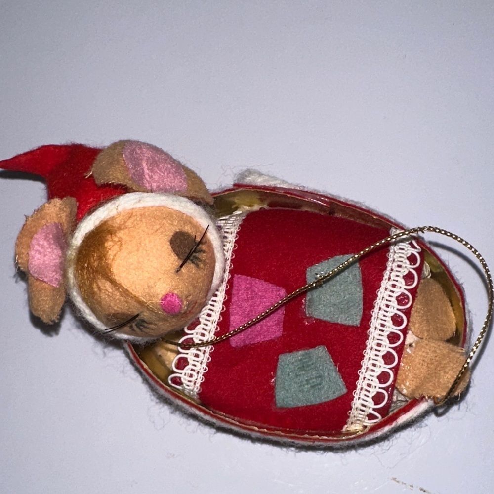 Vintage 60s Japan Made Felt Mouse Sleeping in a Bed Christmas Tree Ornament